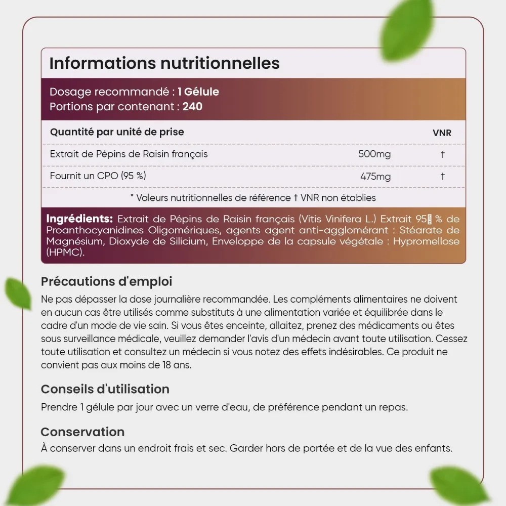 Extrait De Pépins De Raisin En Poudre - 95% OPC - Qualité Supérieure - Pot De 250 Grammes - Origine Inde
